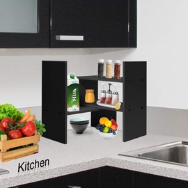 Hossejoy Desk Shelf, Adjustable Desktop Storage Organizer, Wood Display Shelf Rack, Office Supplies Desk Organizer, Black