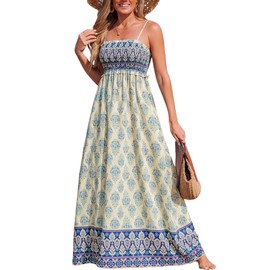 CUPSHE Women's Maxi Dress Floral Smocked Summer Boho Sun Dress Sleeveless Ruffled Spaghetti Straps Long Beach Formal Dress Blue Printed, S