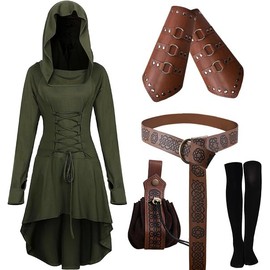 CNVAUIE Medieval Clothing Costume Women's Set Medieval Hooded Dress Set Renaissance Costume Set with Arm Guards Belt Belt Bag Stockings Accessories (Green, 4XL)