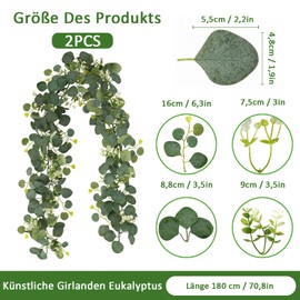 Artificial Garlands Eucalyptus, Pack of 2 1.8 m Eucalyptus Decoration, Artificial Garland Plant, Hanging Green Leaves Decoration, Eucalyptus Green Leaf Garland, for Background, Wedding, Arch, Green
