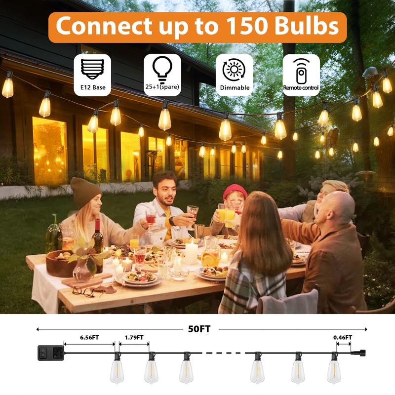 Brightever Dimmable Outdoor String Lights with Remote, 3 Colors in