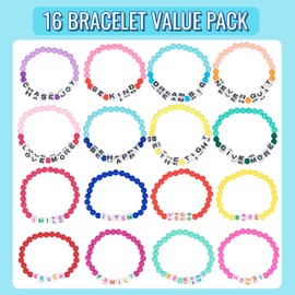 Expressions 16pc Tear & Share Bracelets w/ BRIGHT Beads - Novelty Message To Share With Friends, Colorful Letter Beaded Bracelets, Shareable Party Favor Jewelry