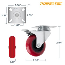 POWERTEC 17217 3 Inch Swivel Plate Caster Wheels Set of 8 with 1280 lbs Loads (640 lbs Loads for Set of 4), 4 with Brake and 4 without, Heavy Duty PU Castors for Furniture, Cart, Dolly and Workbenches