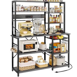 SUPERJARE Larger Bakers Rack with Power Outlets, 6-Tier Microwave Stand, Coffee Bar with 12 S-Shaped Hooks, Kitchen Shelf with Wire Basket, 47.2 x 15.5X 66.9 Inches, Grey