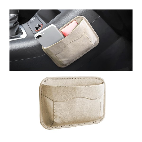 CGEAMDY Car Seat Side Pocket Organizer, PU Leather Mini Storage Bag for Auto Door Window Console, Pen Phone Holder Tray Pouch Vehicle Seat Gap Filler, Fits to Organize Document, Notepad (Beige)