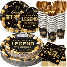 Funnymoom 400 Pcs Happy Retirement Party Supplies for 50 Guest Black and Golden Disposable Plate Napkin Cup Fork for Retire Party Decoration Tableware Favor for Women Men(Black and Golden, Retirement)