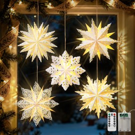 Luxspire 5 Pack Christmas Paper Star Lantern, 17.7” Hanging Paper Snowflake Lights Set with LED Light Beads Remote Control, Foldable Decorative Papers Lantern Lights for Christmas Holiday Party