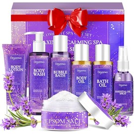Regalos de spa para mujeres, cestas de regalo de Navidad de cuidado corporal y baño para mujeres, kit de ducha relajante y calmante de lavanda para el cuidado personal en casa, regalos de cumpleaños