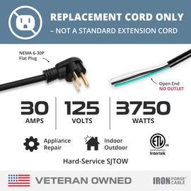 Iron Forge Cable 10 Gauge Power Cord Replacement - 10ft,30 Amp Black Heavy Duty, 10/3 SJT 3 Prong Cable - for Heavy-Duty Equipments, NEMA 6-30P