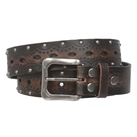 1 1/2" Snap on Perforated Studded Vintage Embossed Solid Leather Jean Belt, Brown | 34"