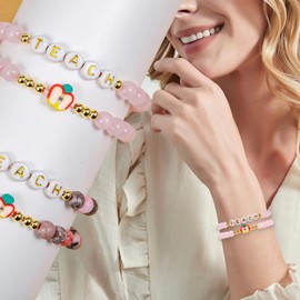 VICKHU Teacher Appreciation gifts,Natural Stone Bracelet Set for women, Thank You Gifts for teacher (Pink crystal)