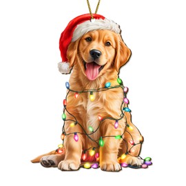 Golden Retriever Christmas Ornament 2025 – Wooden Dog Holiday Tree Decoration with Santa Hat & Lights, for Pet Lovers & Golden Owners