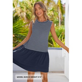 MEROKEETY Women's Summer Sleeveless Sundress Casual Striped Patchwork Mini Tank Dress with Pockets, Navy, L