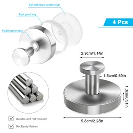 Demarsen Pack of 4 Suction Cup Hooks, Bathroom Suction Hooks, Vacuum Suction Hooks, Removable, No Drilling, Suction Hooks, Towel Holder, Wall Hooks, Stainless Steel for Kitchen, Bathroom, Toilet