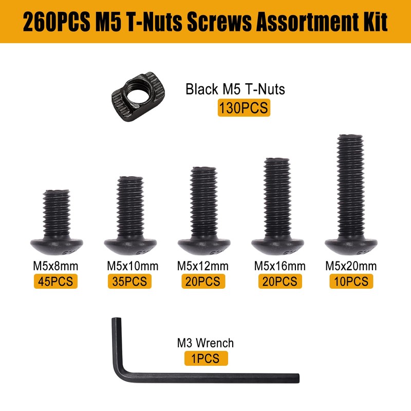 weideer 260PCS M5 T-Nuts Screws Assortment Kit,Compatible with Rail Mount,Replacement