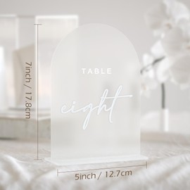 Frosted Arched Wedding Table Numbers 1-10 with Stands, 5x7 Inch Acrylic Arch with White Numbers, 3D Acrylic Table Numbers for Wedding Reception