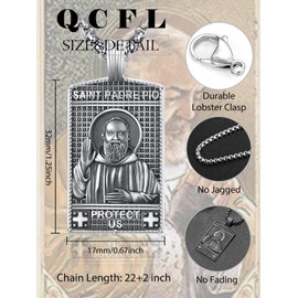 QCFL St Saint Padre Pio Medal Necklace For Men Sterling Silver Saint St Padre Pio Medal Dog Tag Pendant Religious Pendant Christmas Birthday Necklace Gift for Men Husband Soldier Brother