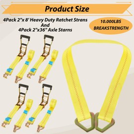 4 Set Heavy Duty Car Trailer Tie Down Straps - 2" x 8' Ratchet Straps, J-Hooks with Clip, 2" x 36'' Axle Strap for Car, Truck, UTV Transport, 10,000lbs Break Strength