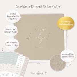 mintkind® Wedding Guest Book to Fill In Beige Including 4 Sticker Sheets 84 Pages with Questions for Guests Wedding Gifts for Bride and Groom as Wedding Decoration Golden Wedding Silver Wedding