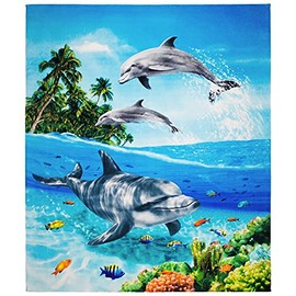 Beachland Dolphins Beach Blanket 54 x 68 inch Beach Towel Coral Reef with Clown Fish 100% Cotton Family Size (Paradise Dolphins, One Towel)