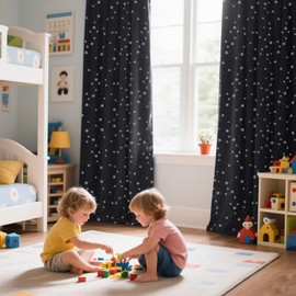 PrinceDeco Kids Blackout Curtains Star Pattern Blackout Curtains with Glowing Effect for Boys Room Curtains 2 Panel Set 84 Inch Total Darkness Thermal Insulated Drapes for Nursery,Black