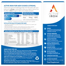 Active Iron for Men | 30 Iron Tablets & 30 Multivitamin Tablets | Iron Supplement with Zinc, Vitamin C, D and High Dose B Vitamins | 1-Month Supply