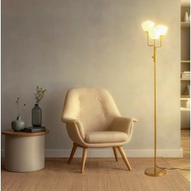 3 Lights Dimmable Floor Lamp with 3 Frosted Flower Shade, Mid Century Modern Standing Lamp LED Bulbs Included, Vintage Boho Tall Tree Lamp for Bedroom, Living Room, Office - Antique Brass