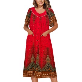 Ekouaer Women's Short Sleeve House Dress Floral Mumu Dress Duster Housecoat Button Down Nightgown with Pockets Floral Red,XX-Large