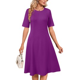 Newshows Women's 2025 Summer Business Casual Work Dress Wrinkle-Free Crewneck Midi Short Sleeve Skater Formal Office Attire(Purple,M)