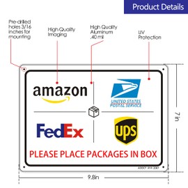 Please Place Packages in Box - Metal Aluminum Rust Free - 7" x 9.8" Heavy Duty Front Door Office Business Yard, Pre-Drilled Holes, Weather Resistant
