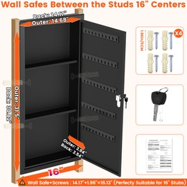 31.5" Tall Wall Safes Between the Studs with 2 Removable Shelf, Lockable Hidden Safe Box with 50 Hooks for Keys Jewellery, in Wall Safe for Money Medicines Valuables