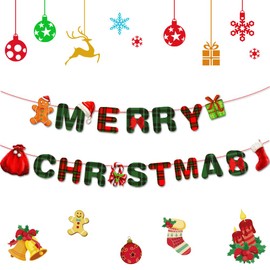 MERRY CHRISTMAS Banner, Red Green Plaid Christmas Bunting, Cartoon Xmas Party Supplies