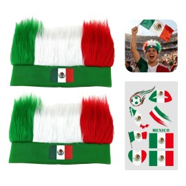 Peluca Tricolor México Mundial Para Fiestas Con Pegatina 3pz Tricolor Aficionados Mexicanos, Partido De Fútbol, Celebración Del Mundial