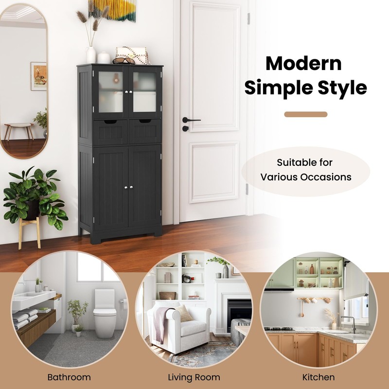 LOKO Bathroom Floor Cabinet, Storage Organizer with Glass Doors, Wooden