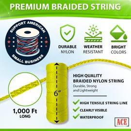 Yellow Mason Line String Line - #18 Braided Nylon String - 6,000 Ft Length - Nylon Twine for Gardening Or Masonry Tools - Perfect Construction String for A String Level, Twine String for Gardening