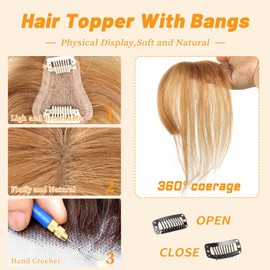 Clip In Fringe Bangs 360° 3D Cover Clip in Bangs 100% Real Human Hair Toppers with Bangs，Light Blonde Hair pieces Clip on Bangs for Women Fake Bangs for Daily Wear