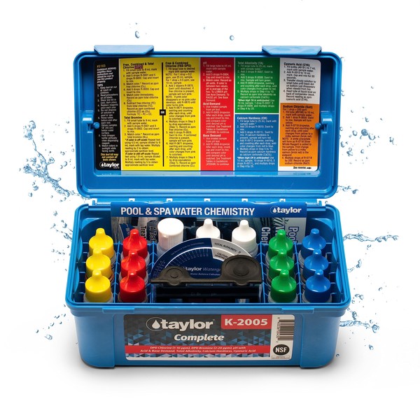Taylor K-2005 Complete DPD High Range, 9-in-1 Pool & Spa Test Kit for Free & Total Chlorine, Bromine, pH, Acid & Base Demand, Total Alkalinity, Calcium Hardness, Cyanuric Acid | Made in The USA