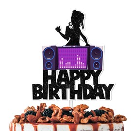Decoración para tartas de feliz cumpleaños con sonido de purpurina negro para DJ, niña, decoración de fiesta de cumpleaños para mujeres y niñas