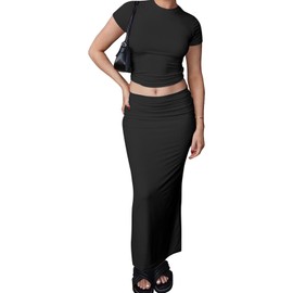 Lybiogs Two Piece Skirt Set for Women 2 PC Y2K Outfits Short Sleeve Crop Tops Bodycon High Waist Long Maxi Skirts, Black 2 Pc, Small