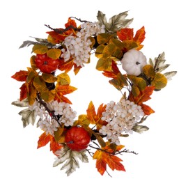 Vickerman Artificial 22" Orange Fall Pumpkin Hydrangea Wreath - Features Pumpkins, Leaves, and Hygrangeas - Orange and White Color Scheme - Circular Grapevine Base