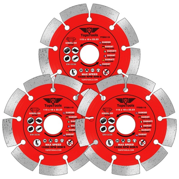 3 x TopsTools TTDS115_3 115mm (4.5") x 10mm x 22.23mm Bore Segmented Diamond Angle Grinder Circular Saw Blades Compatible with Bosch Dewalt Makita Milwaukee and Many Others