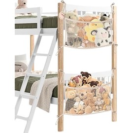 LAHAQIQI Stuffed Animal Storage Net for Kids, Bedside Soft cuddly Toy Organizer Hanging Cotton Net with Tether for Bedroom(Beige, 2Pack)