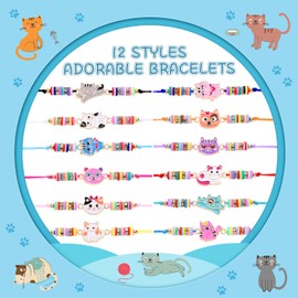 Toyssa Pack of 12 Girls' Friendship Bracelets, Children, Party Bags, Children's Birthday Party Favours, Adjustable Braided Bracelet, Jewellery for Girls, Teenagers, Women (Cat)