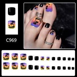 Summer Press on Toenails Seaside Coconut Tree Fake Toenails Black Full Cover Stick on Toenails Cute Glue on Toenails Short Square False Toenails for Women Manicure Kit 24Pcs