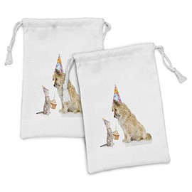 Ambesonne Birthday Fabric Pouch Set of 2, Cat and Dog Domestic Animals Human Best Friend Party with Cupcake and Candle, Small Drawstring Bag for Toiletries Masks and Favors, 9" x 6", Multicolor