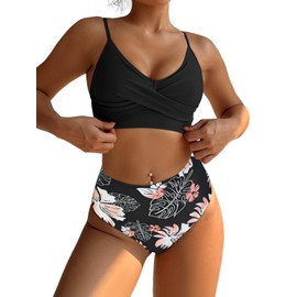 SOULSHE - Conjunto de bikini de cintura alta para mujer, control de abdomen y tirantes delgados ajustables, Negro -, Large