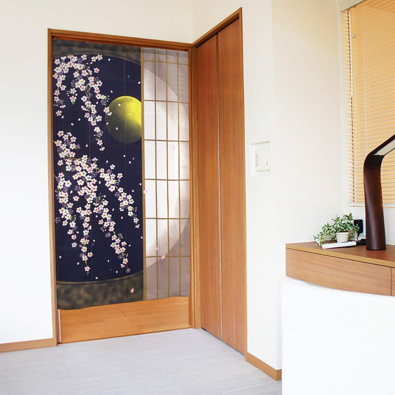 Noren Workshop 2107 Noren Cherry Blossom Moon Japanese Style Tapestry,