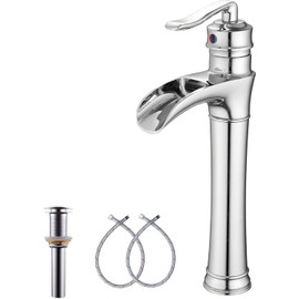 Chrome Bathroom Faucet GGStudy Waterfall Bathroom Faucet Single Handle One Hole Tall Body Farmhouse Bathroom Vessel Sink Faucet Vanity Faucet Matching with Pop Up Drain