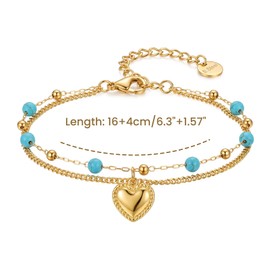 RINHOO FRIENDSHIP Boho Turquoise Bracelet Tiny Beads Stainless Steel Double Layered Chain - Summer Beach Vacation Jewelry for Women (Heart, 1)