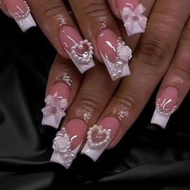 24 Pcs French Tip Press on Nails Long Square Fake Nails with Glue Natural Fit False Nails with 3D Bow Pearl Design Pink Handmade Nails Glossy Full Cover Glue on Nails Reusable Stick on Nails for Women